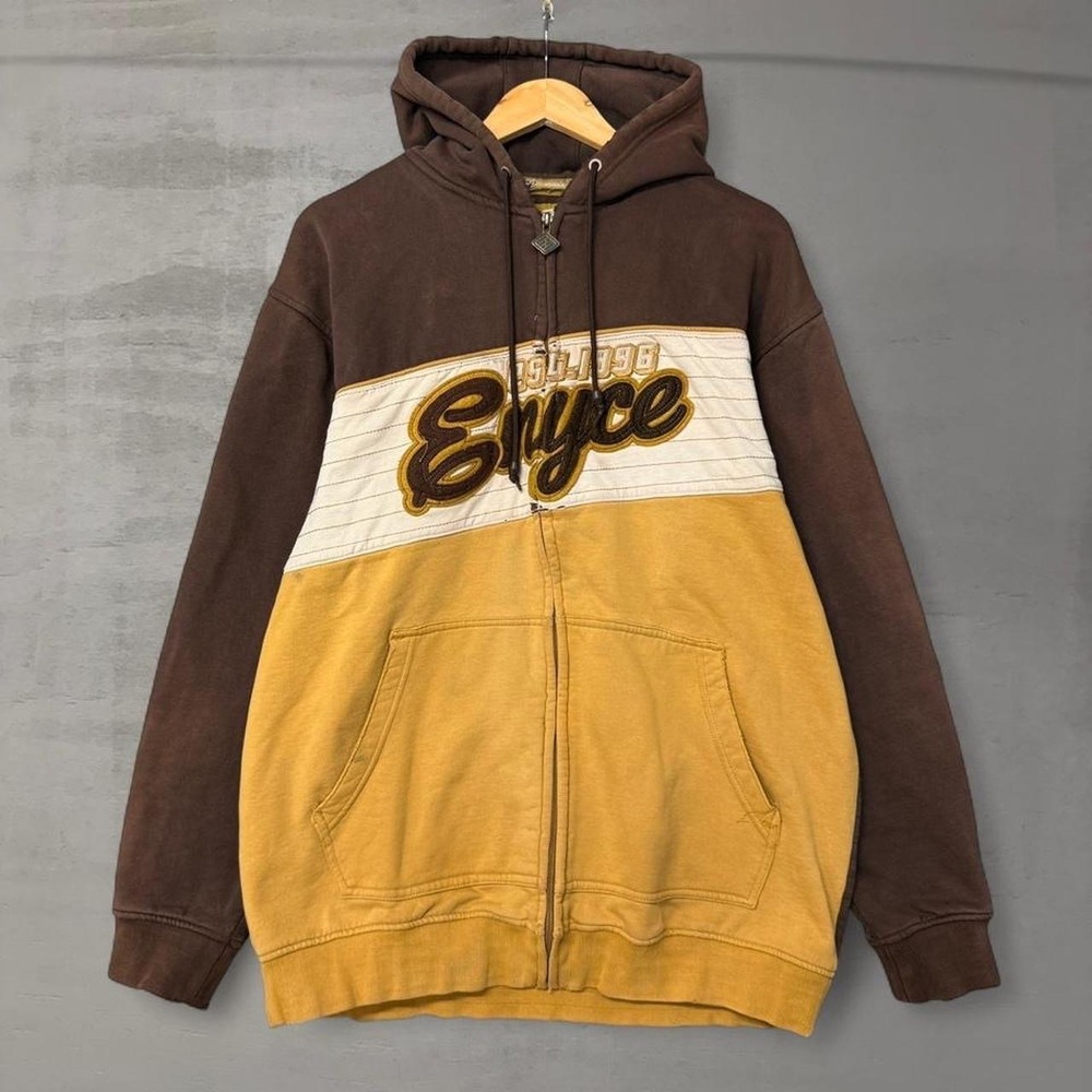 Vintage Enyce Full Zip Hoodie Brown Yellow Colorblock‎ Embroidered Y2K XL